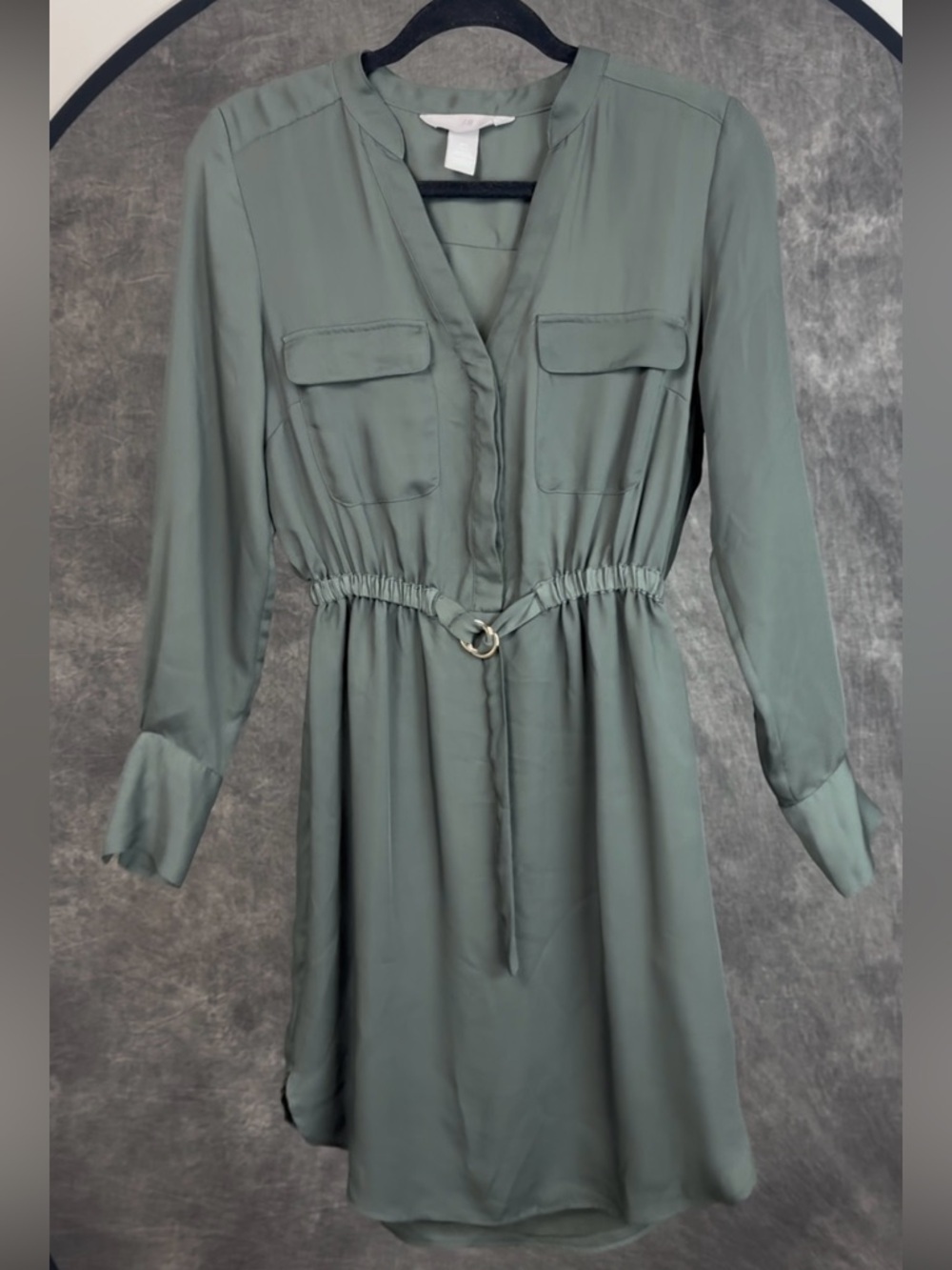 H&M Dark Olive Green Shirt Dress Size 4 Belted Elastic Waist Long Sleeve